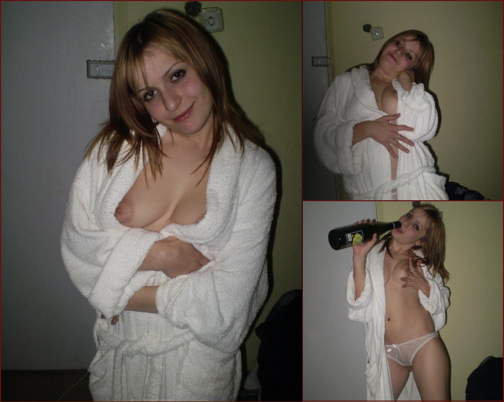 Slightly drunk chick is stripping her bathrobe - 42