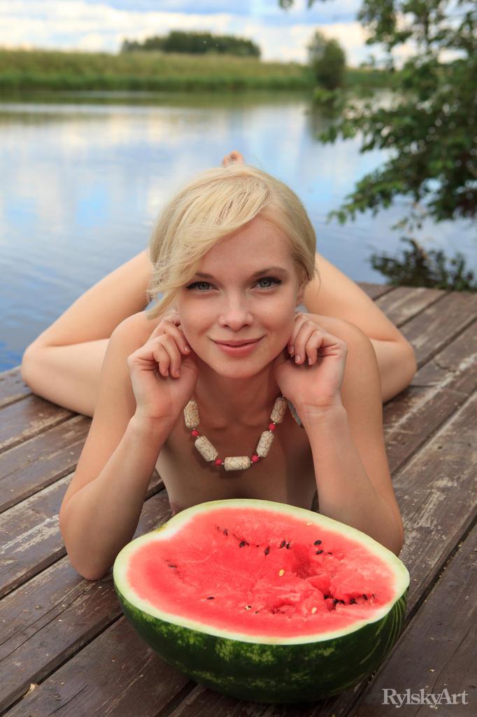 Blonde Feeona posing with a watermelon - 13