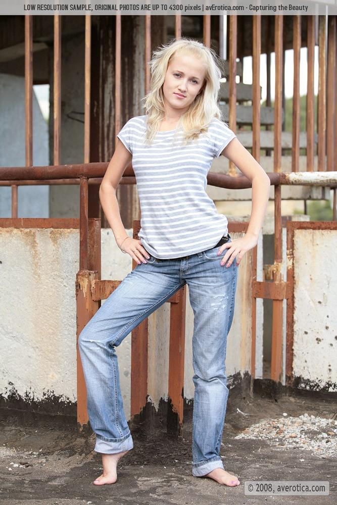 Blonde girl stips her blue jeans - Krissy - 1