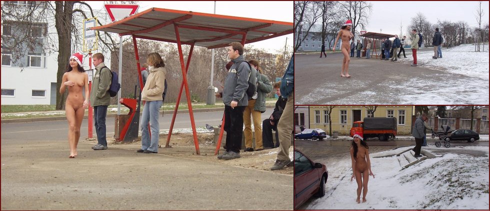 Naked amateur is posing in public places in winter - 22