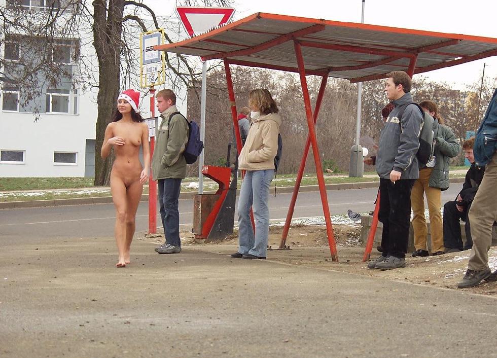 Naked amateur is posing in public places in winter - 1